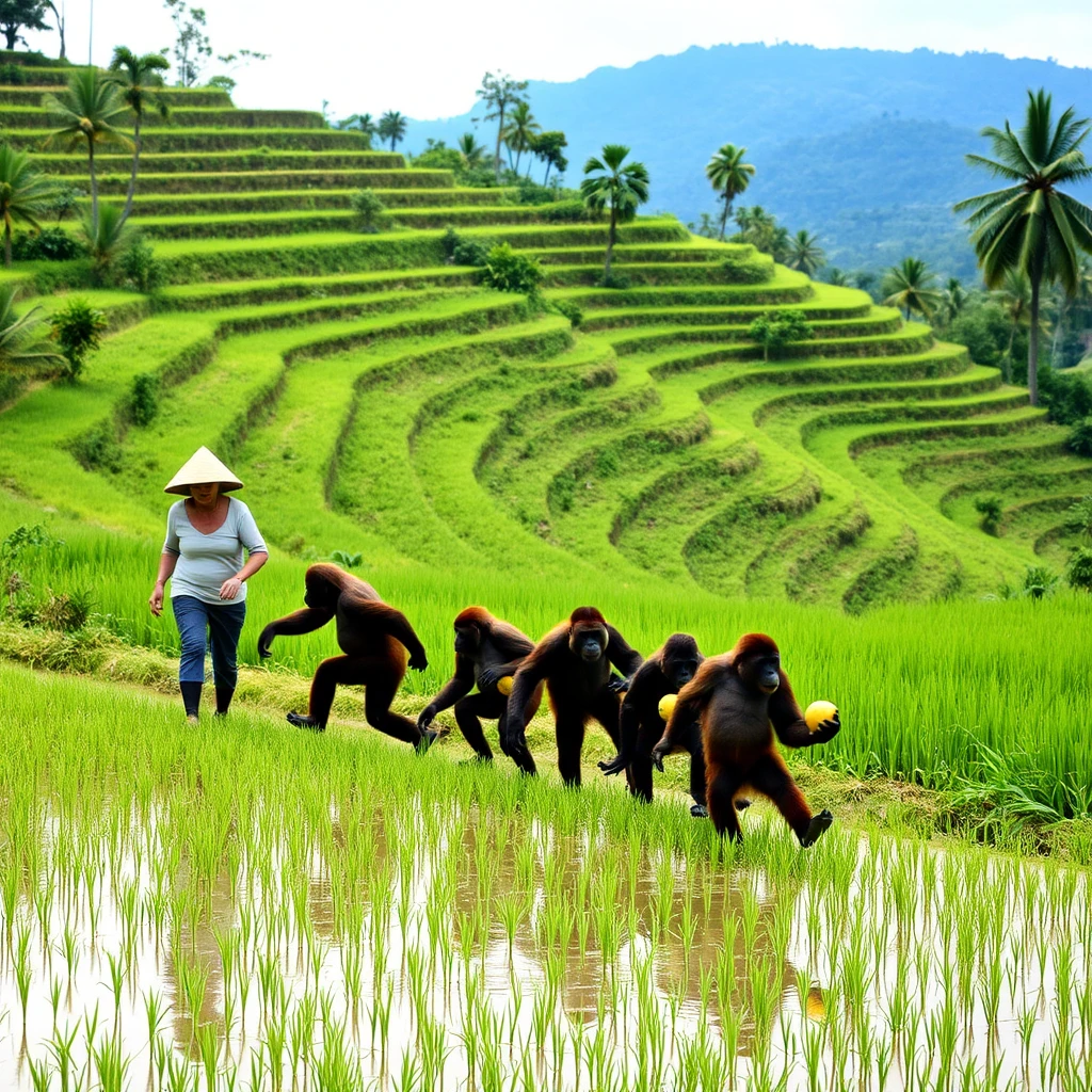 Thai rice farmers line dancing in a terraced field, 7 orangutans running away in the distance with stolen fruit. - Image