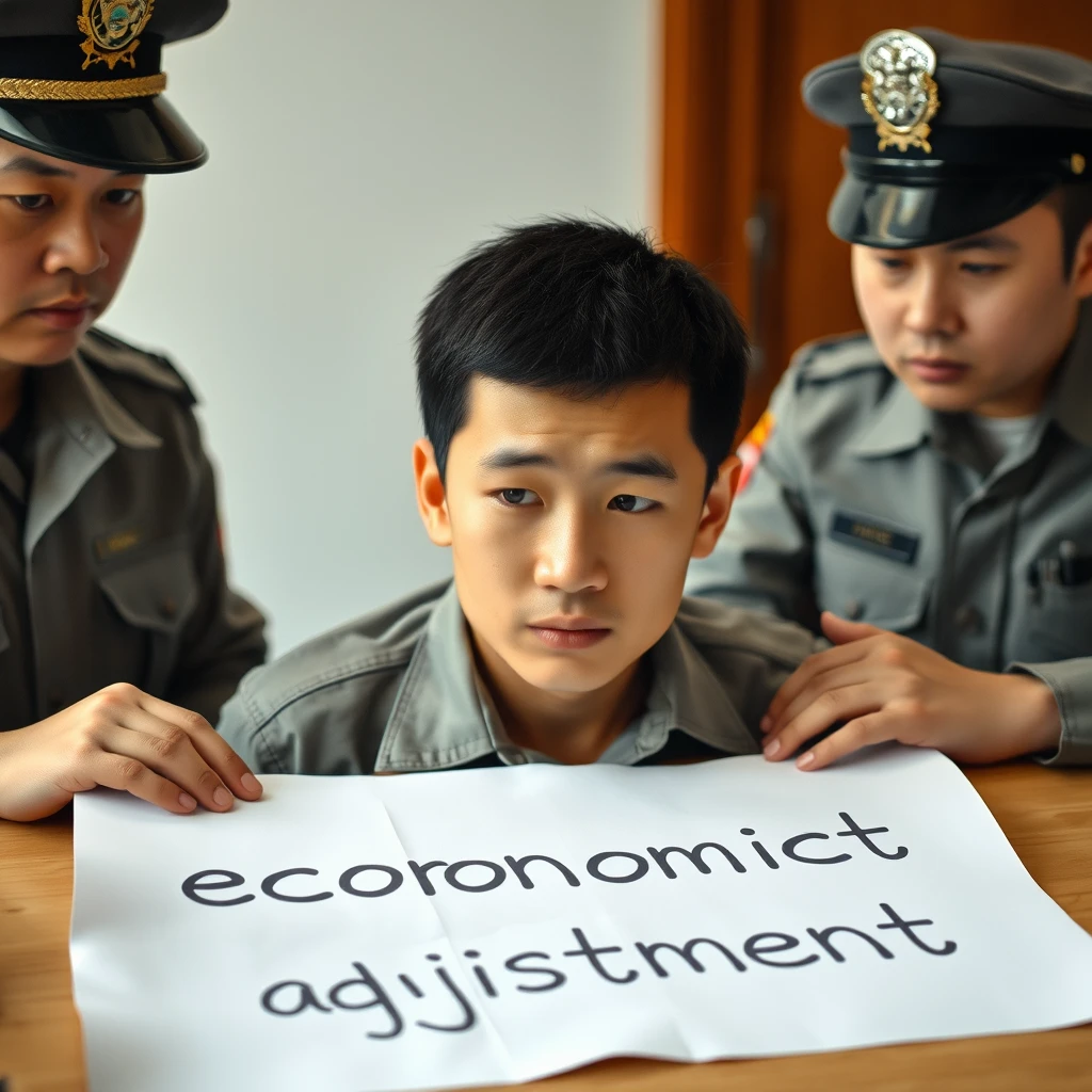 A Chinese young man was arrested by two policemen; there is a big paper on the table, on it written: "economic adjustment."