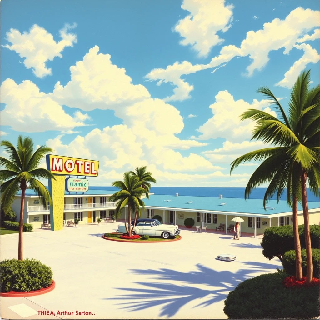 A Miami Florida Motel postcard from 1956, as painted by Arthur Sarnoff, wide, landscape view.