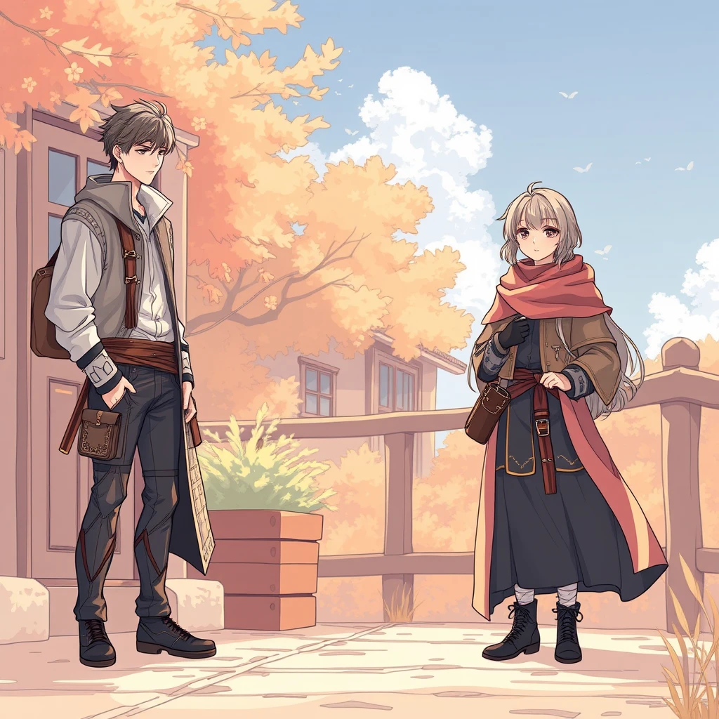 A young couple's daily life, a handsome tall boy, anime lineart, fantasy clothing, full-length view. - Image