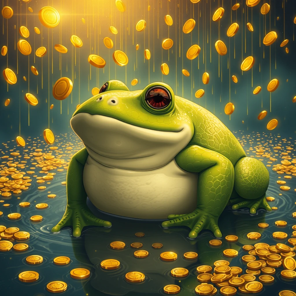 A large frog resides in a world where gold coins rain down, making the entire world glitter with gold. - Image