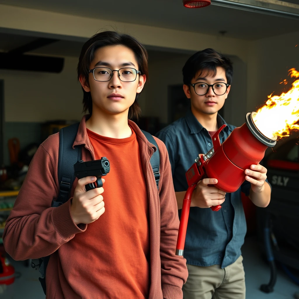 21-year-old thin white northern Chinese man wearing square glasses, mid/long hair, holding a pistol; 21-year-old white Italian man wearing round glasses and short hair holding a very large fire extinguisher flamethrower, garage setting.