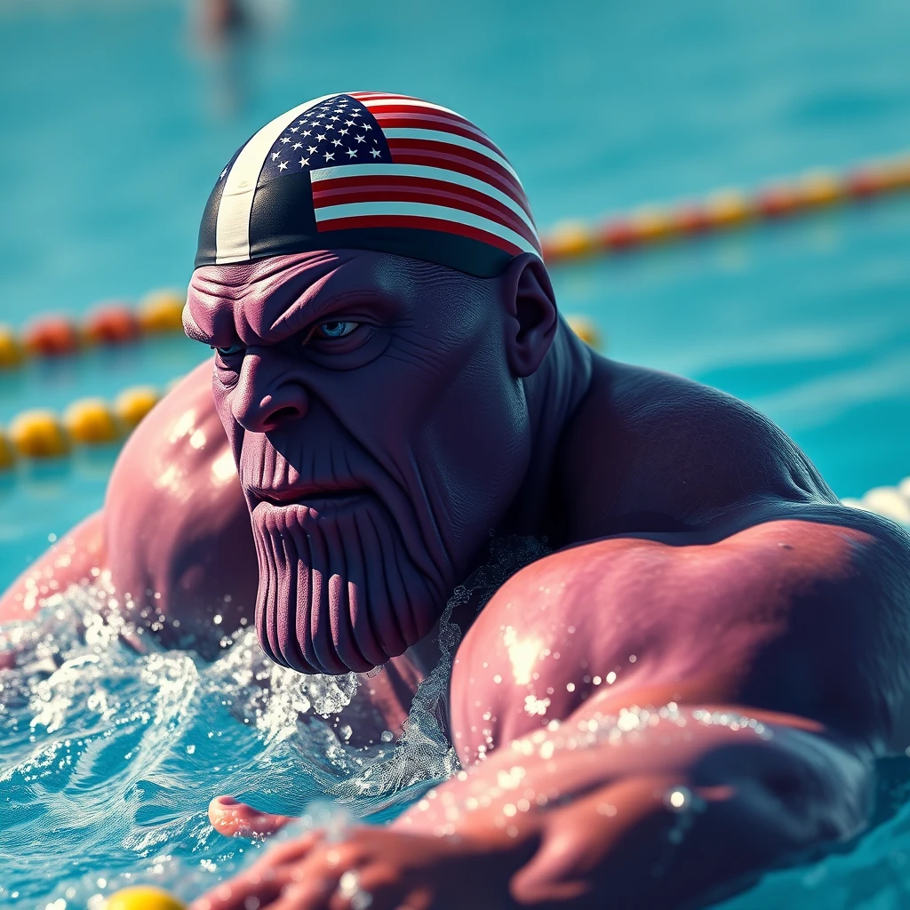 "A purple-faced Thanos is swimming in a competition, wearing a swimming cap with the American flag, in a realistic style, swimming action, panoramic photo."