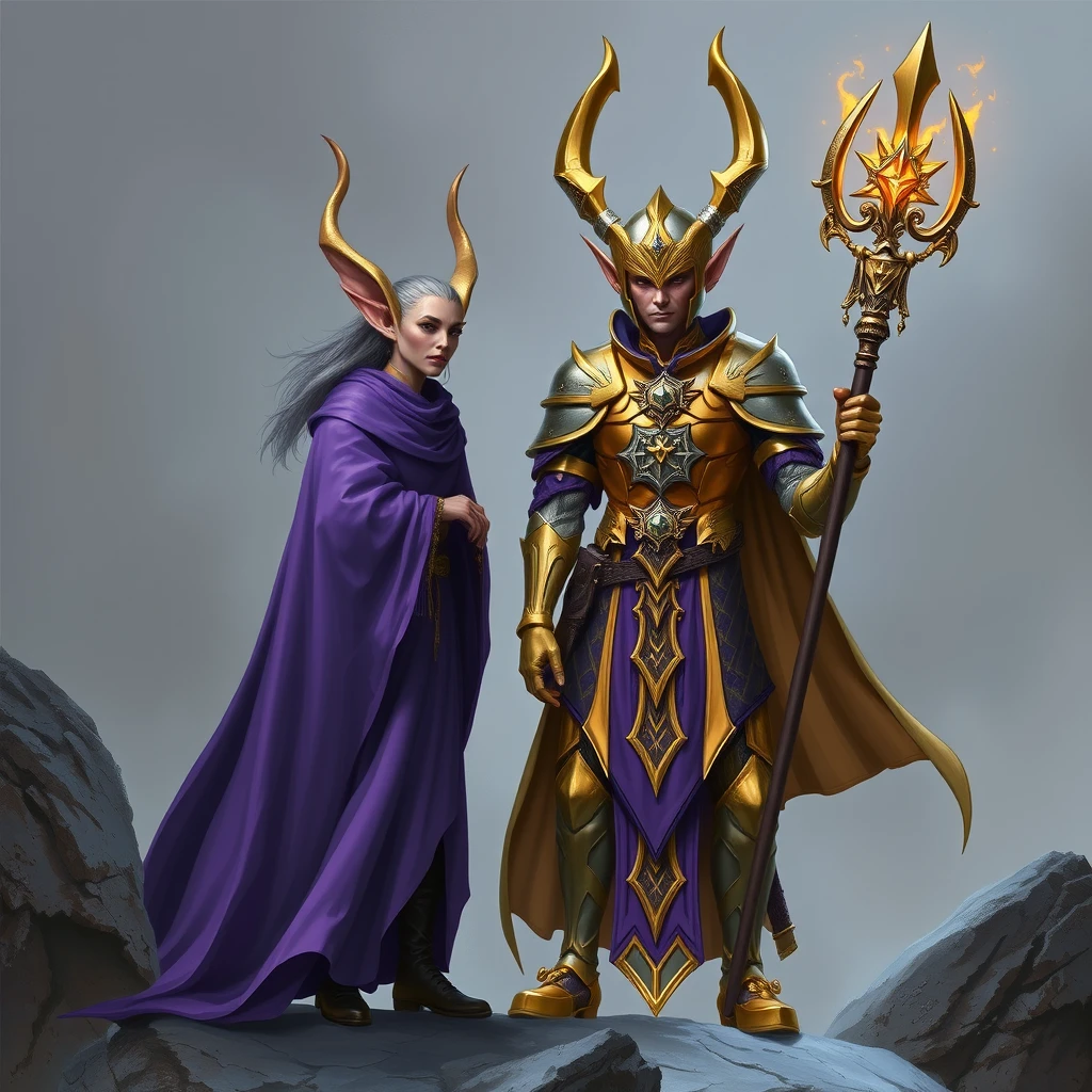 Gold and silver paladin devoted to Bahamut. A purple-robed elf with a staff enchanting the paladin to double in size. - Image