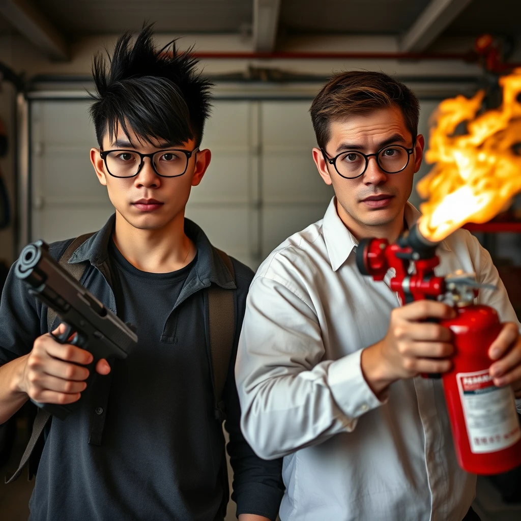 21-year-old young white Chinese man with long black fringe mullet, square glasses, holding a large pistol; 21-year-old white Italian man with round prescription glasses and short hair holding a very large fire extinguisher flamethrower, in a garage setting, both angry.