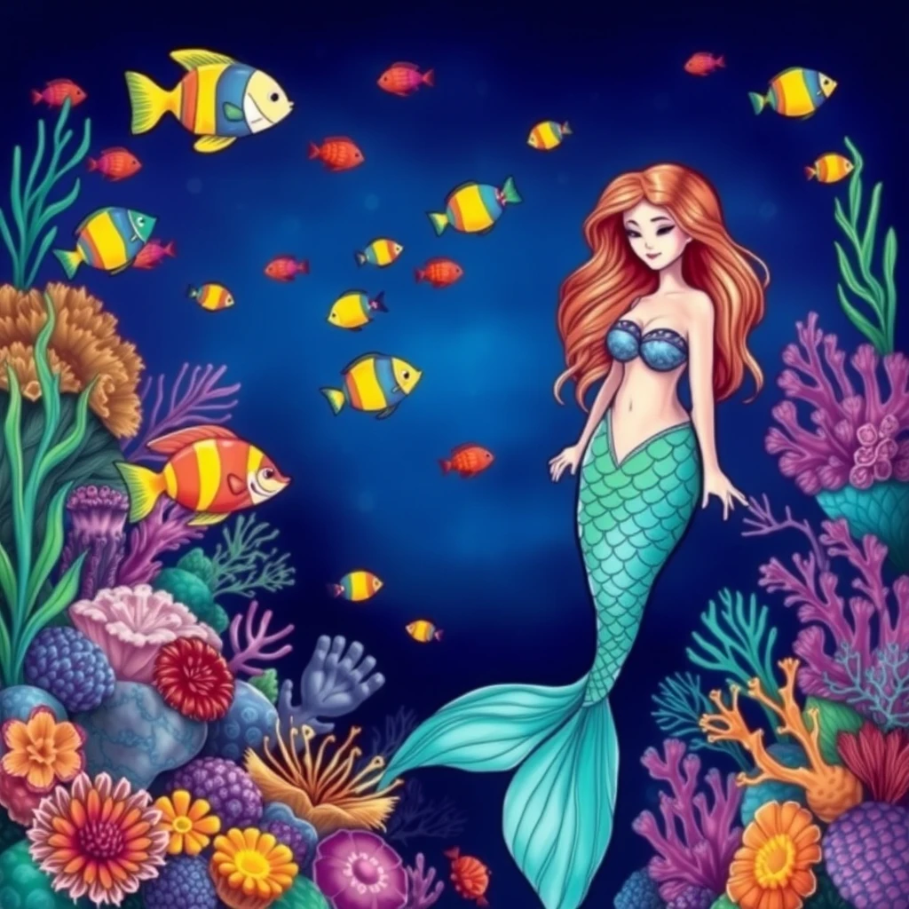 "Please draw a beautiful mermaid in the deep sea with colorful tropical fish. There are many coral reefs and sea urchins there as well." - Image