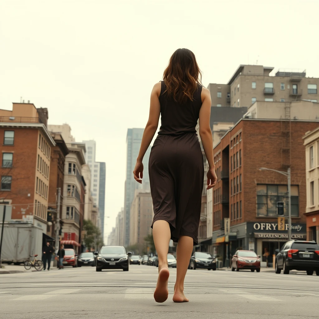 50-meter tall giant woman walking through the city barefoot, view from behind a building, she is taller than the building rooftops.