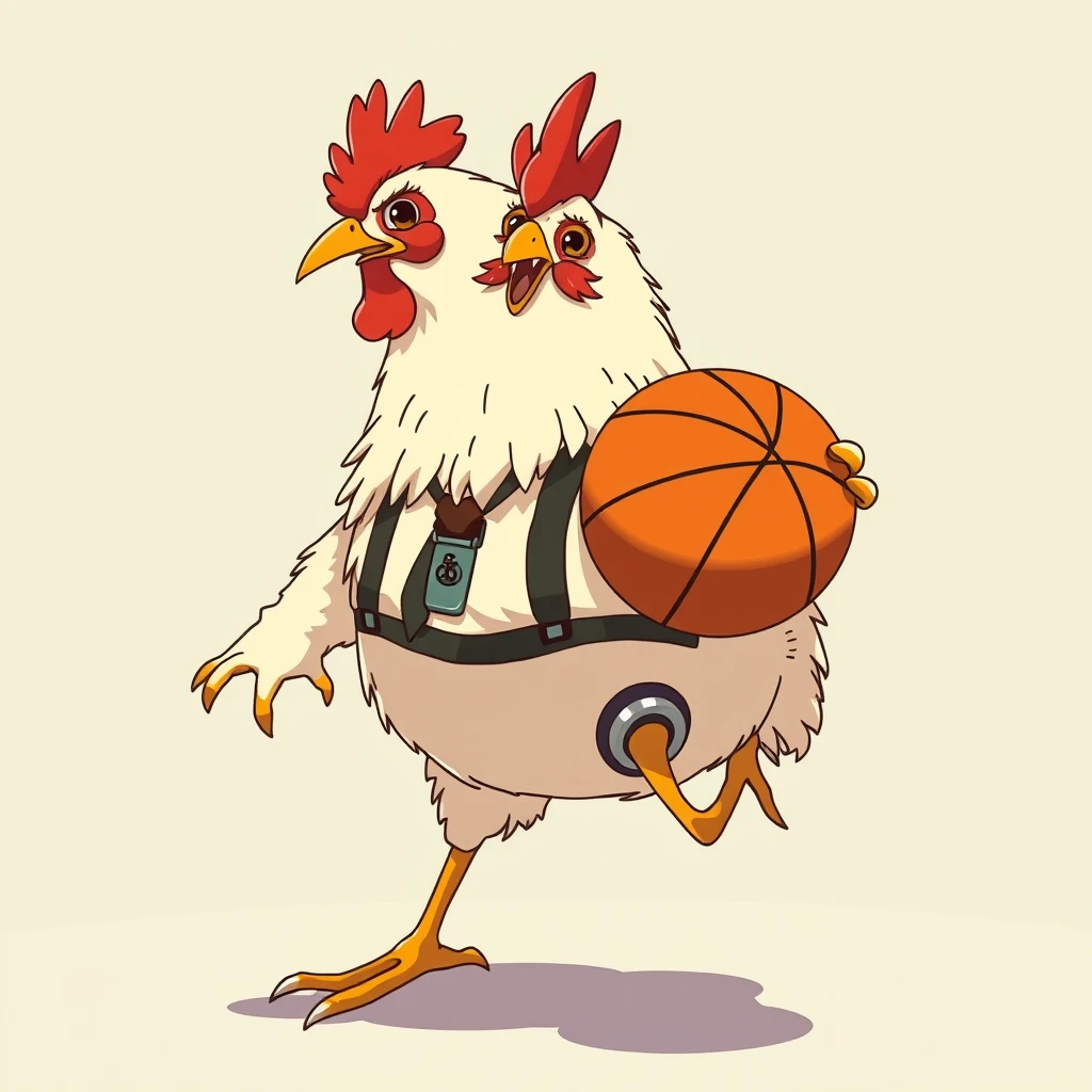 A chicken wearing suspenders and sporting a middle part is playing basketball, in an anime style, anthropomorphic, exaggerated.