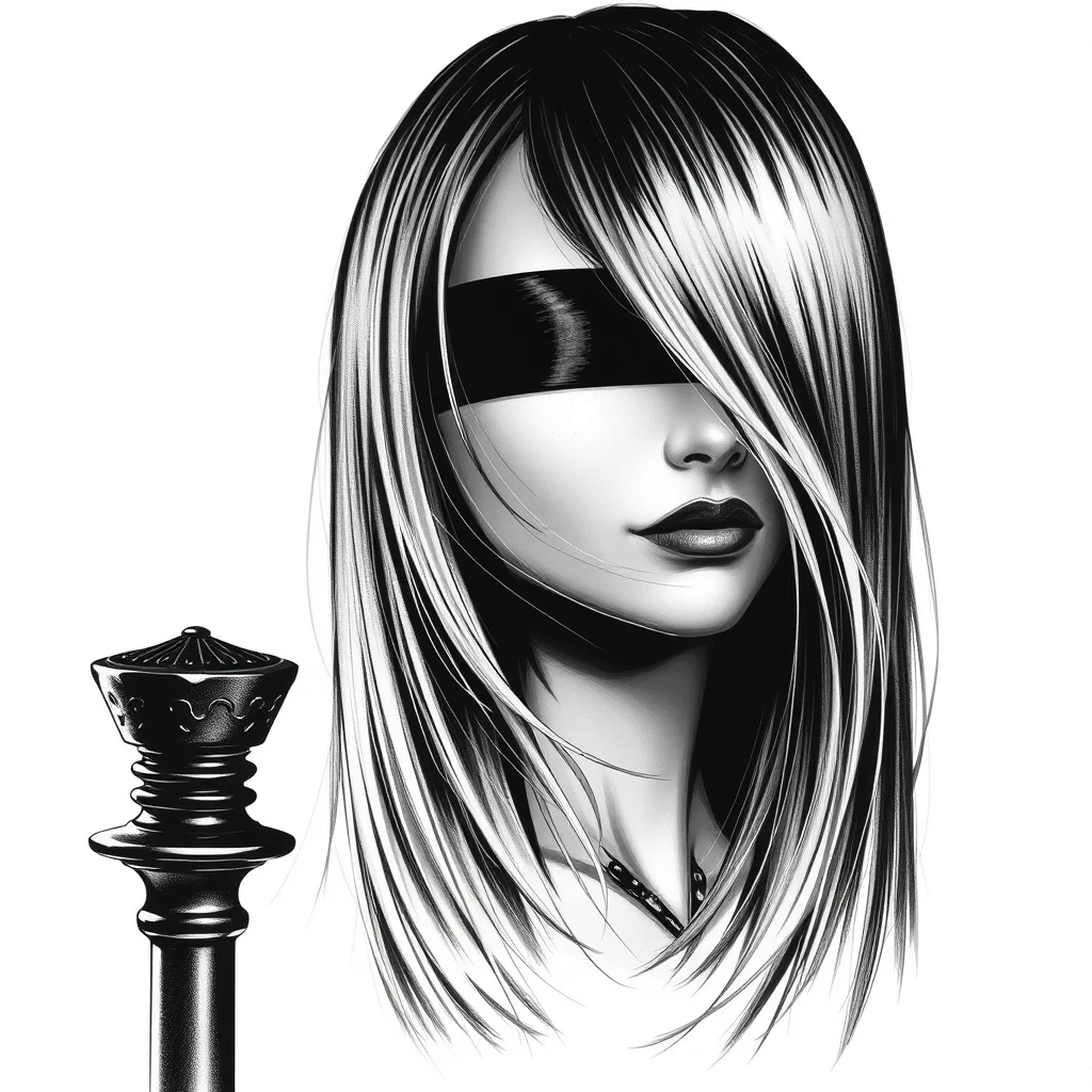 Blind Justice female face, side face, Straight hair, black and white color - Image