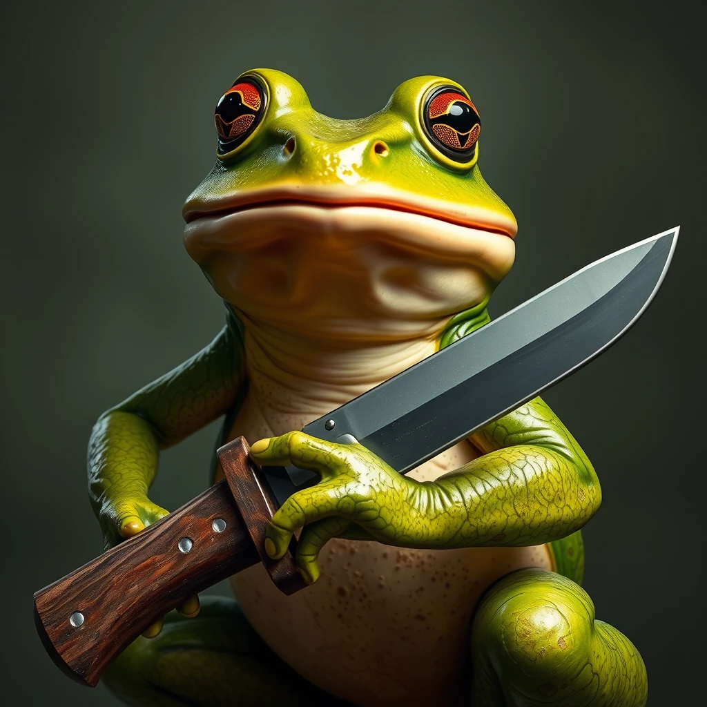 A realistic frog holding a machete