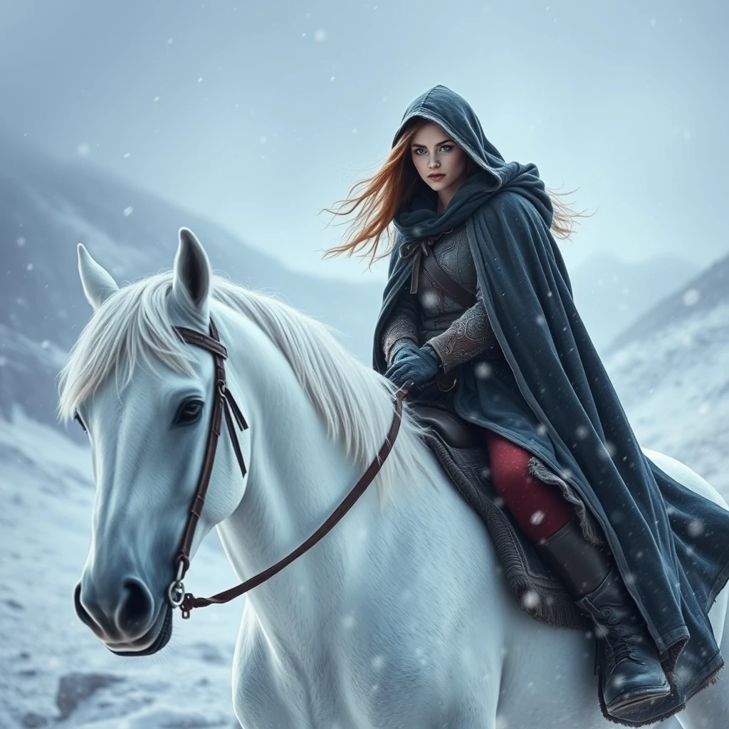 'Fantasy heroine with a cloak on a white horse in a fierce snowstorm in the mountains.'