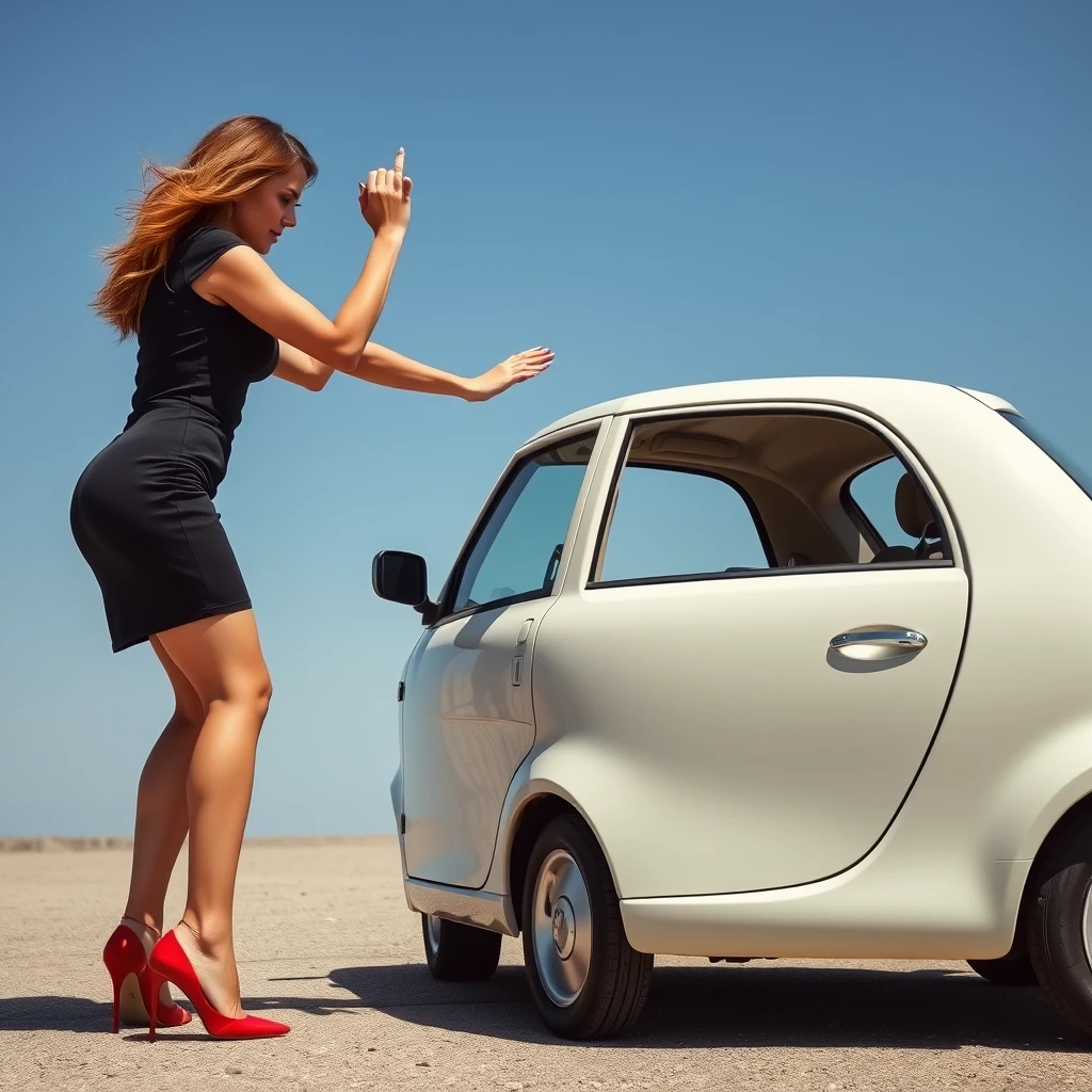 A woman in high heels punishes a small bobby car. - Image