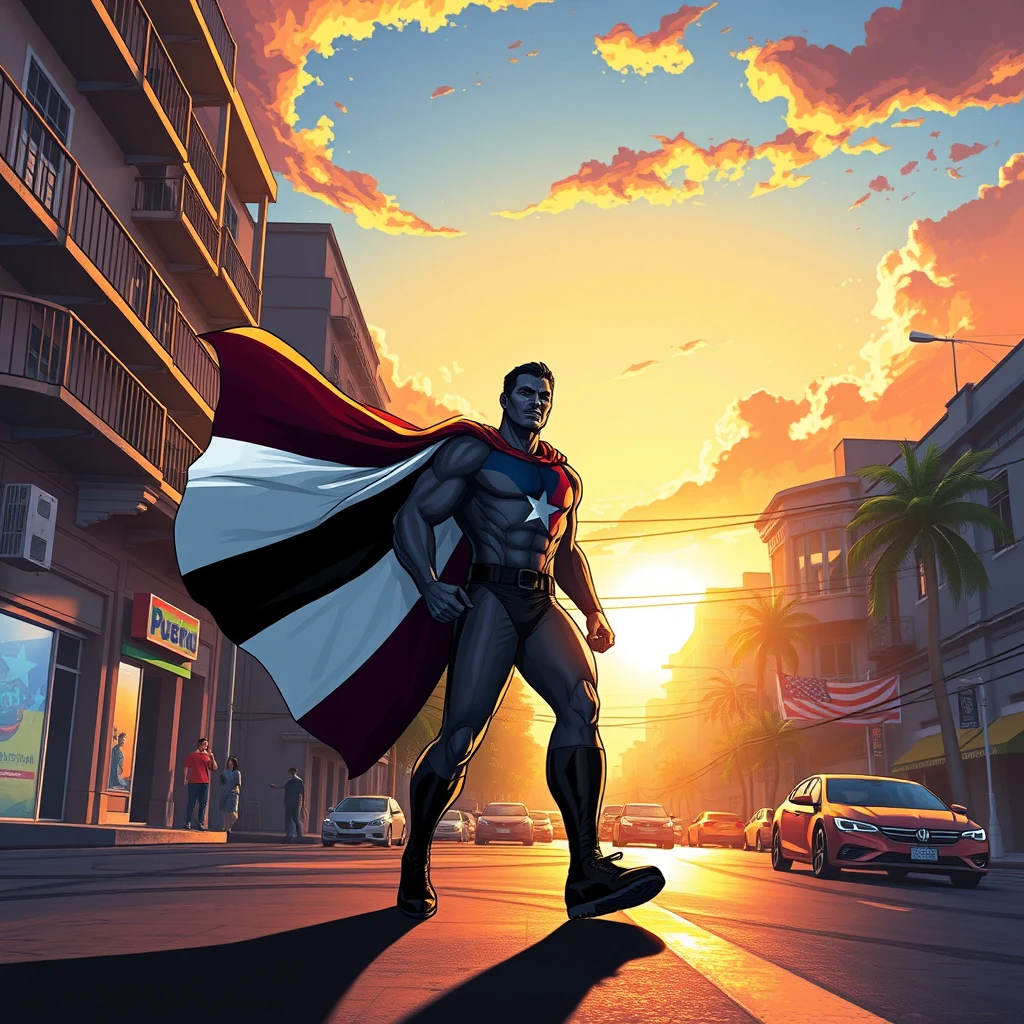 As the sun sets over the vibrant streets of Puerto Rico, your superhero strides confidently through the bustling city, the flag of Puerto Rico billowing behind them like a majestic cape. With their emblematic machete logo gleaming proudly on their chest, they pause, sensing trouble stirring in the heart of San Juan. Ready to defend their homeland, they embark on their next mission to protect the island and its people from any threat that dares to challenge its beauty and resilience, vibrant, art by David Levine. - Image