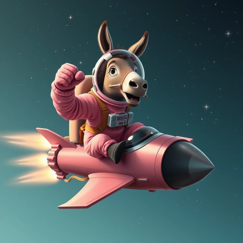 An ambitious donkey wearing pink astronaut costume, riding on a stunning spaceship, making a punching gesture, flying to the outerspace under a clear night sky with lots of shining stars. Realistic style.