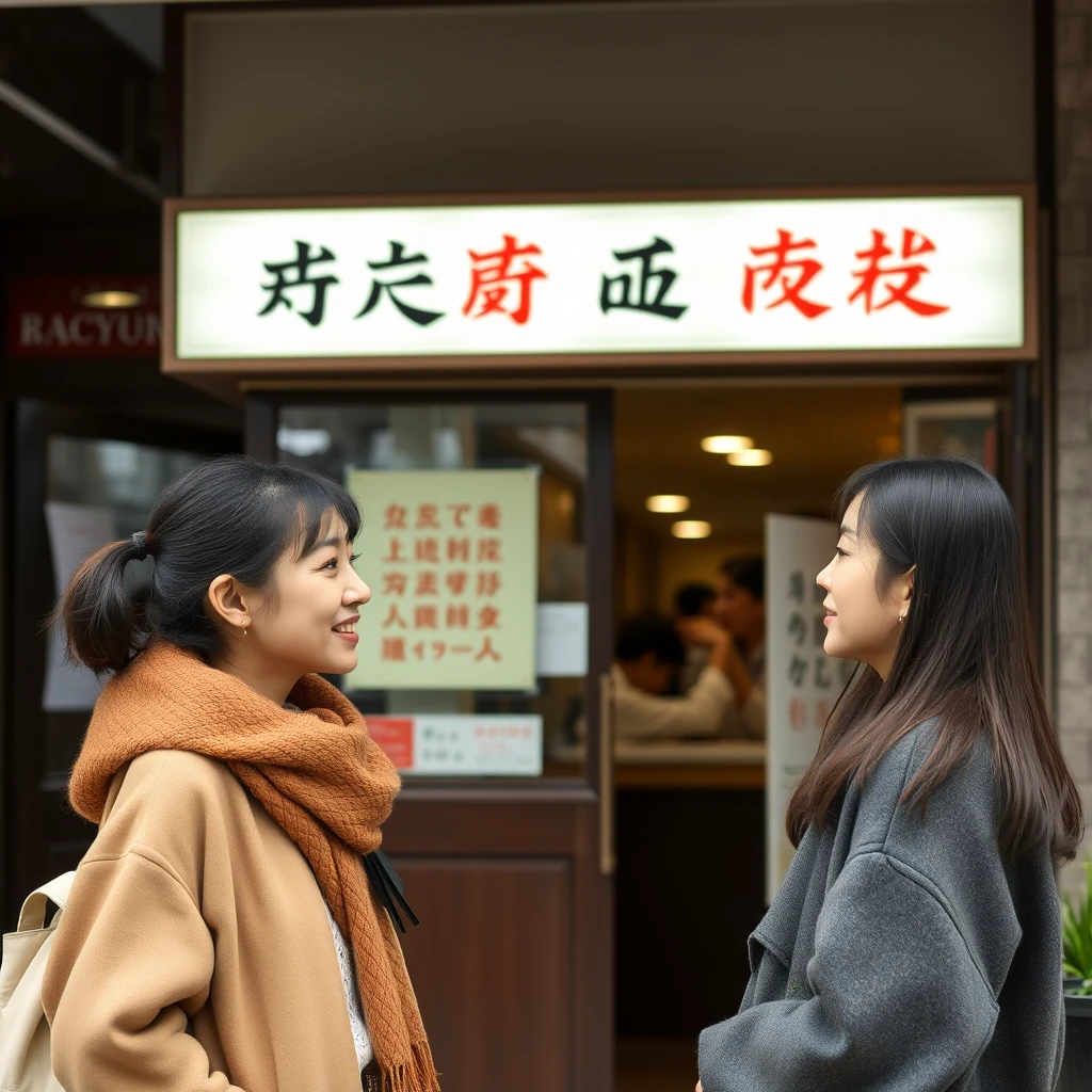 Two young women are chatting outside a restaurant, where there is a sign. The words on the sign can be clearly seen, and they include Chinese characters or Japanese.