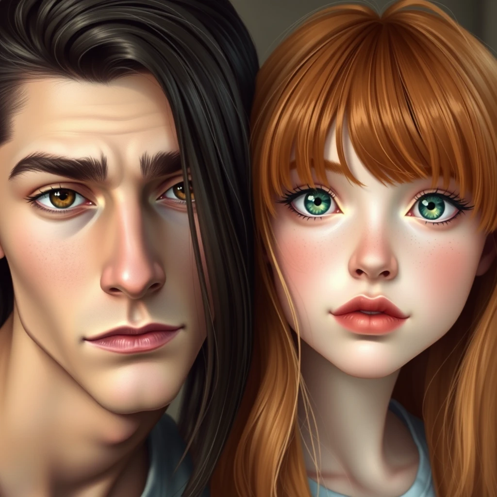 young handsome skinny guy, long dark brown hair line in the middle, sharp face features, smirk, pale skin, light brown eyes, thick eyebrows, long eyelashes next to a white cute ginger girl, small nose, pink lips, green eyes, long bangs hair, realistic style - Image