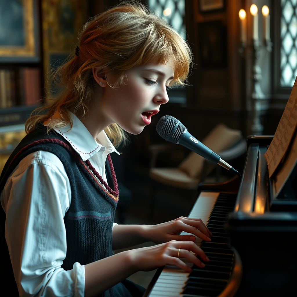 Photo realistic: Hermione Granger sings at the piano. - Image