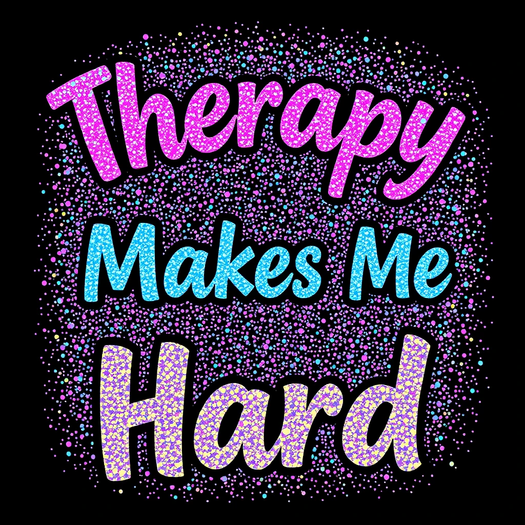 T-shirt design of fantastic vibrant glittery with an iridescent effect but ethereal text that says "Therapy Makes Me Hard". - Image