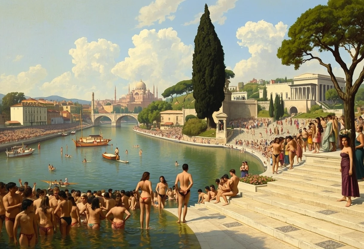 Nude bathing women, crowd, large river, buildings, tree, stone steps, Persian temple, sky, rule of thirds, art by Edwin Lord Weeks. - Image