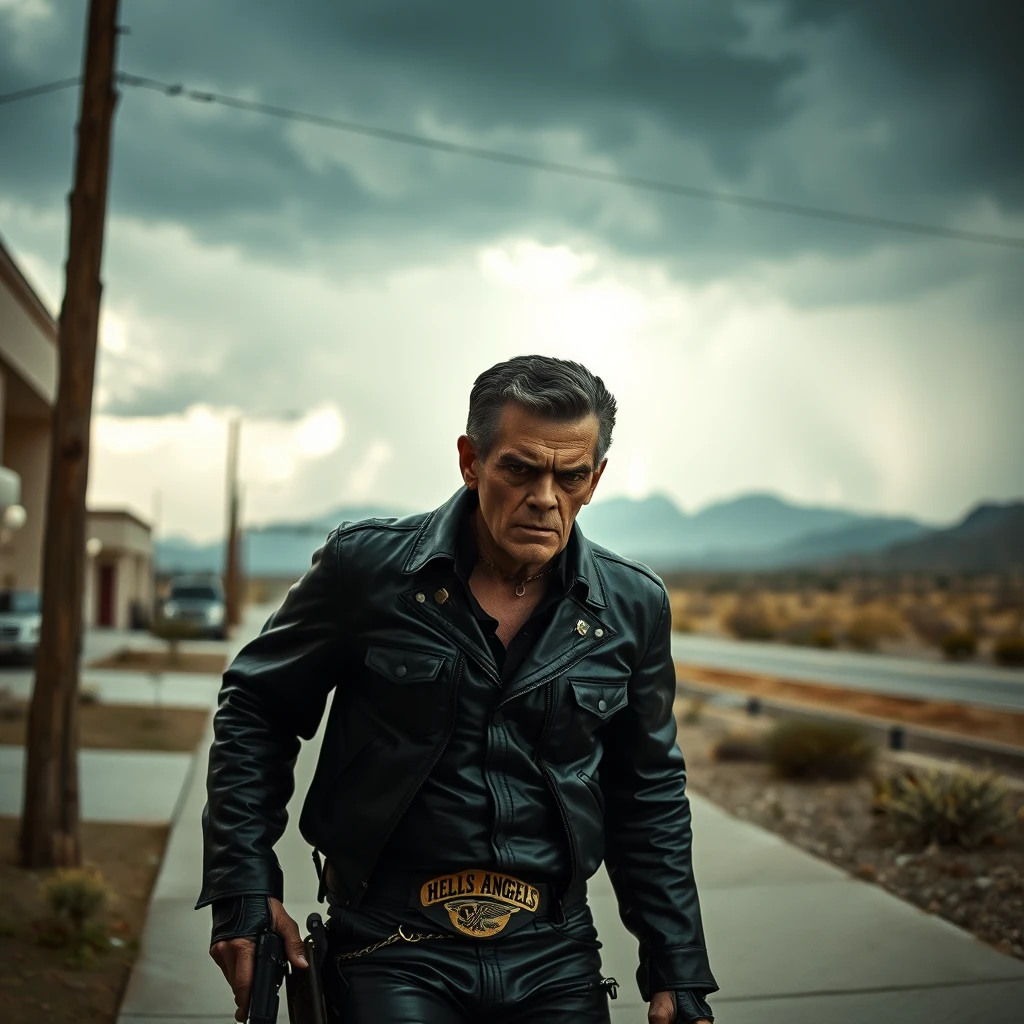 Boris Karloff as Frankenstein the Hells Angels biker walks down the sidewalk, dressed in leather, wearing a cowboy pistol; a storm is coming across the desert. Photo-realistic, leering, aggressive, 4k.