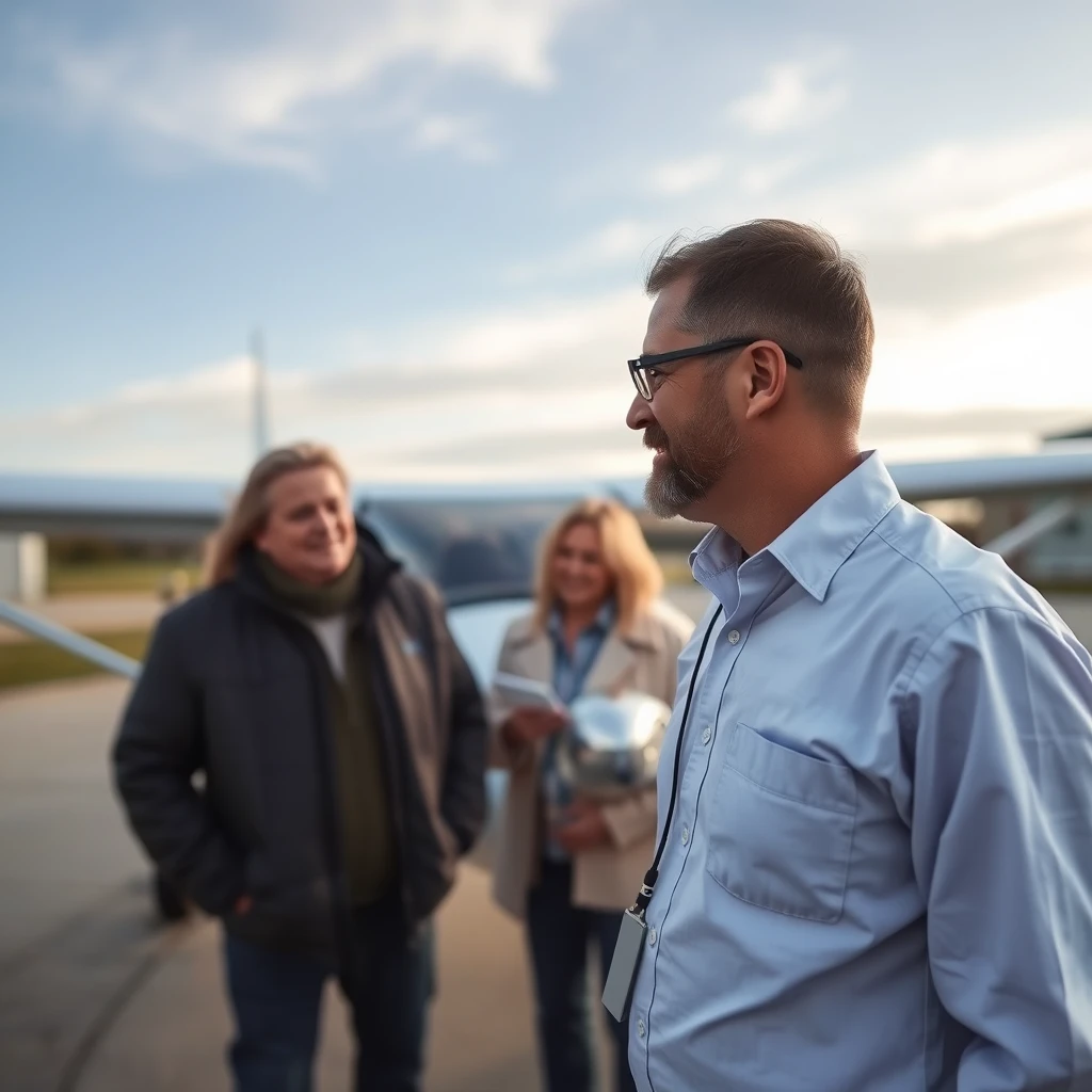 Insurance agent visits with clients at their home after plane falls on home. - Image