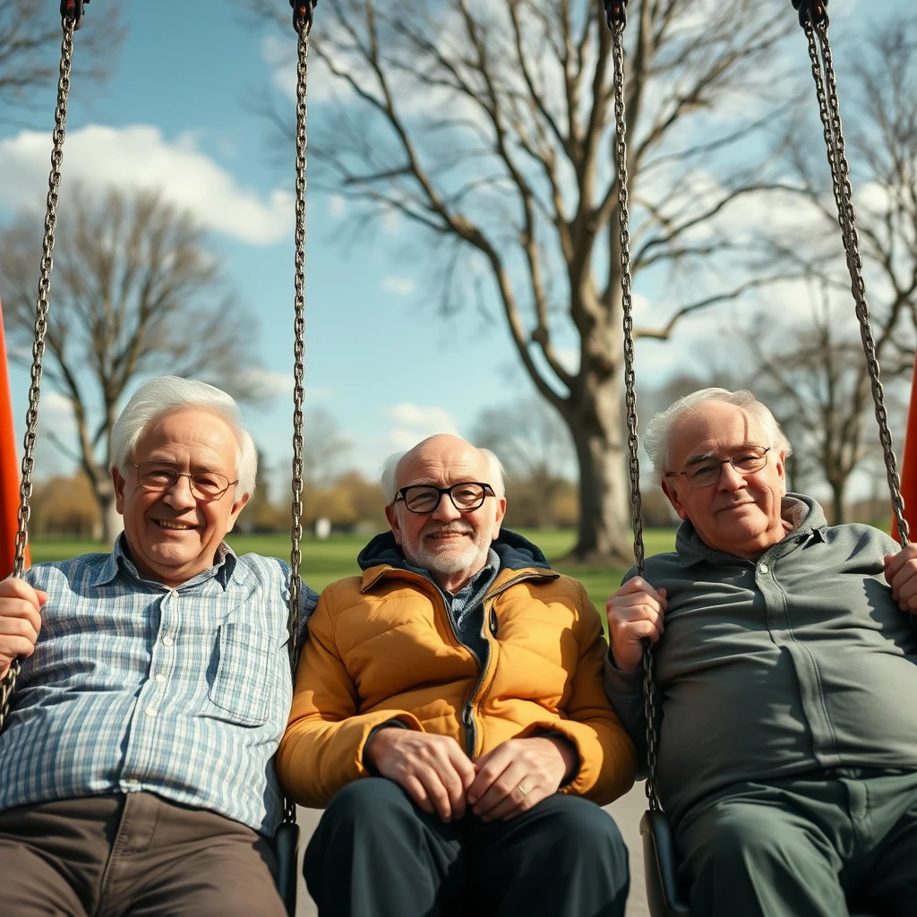 3 Larger older men in park on swings