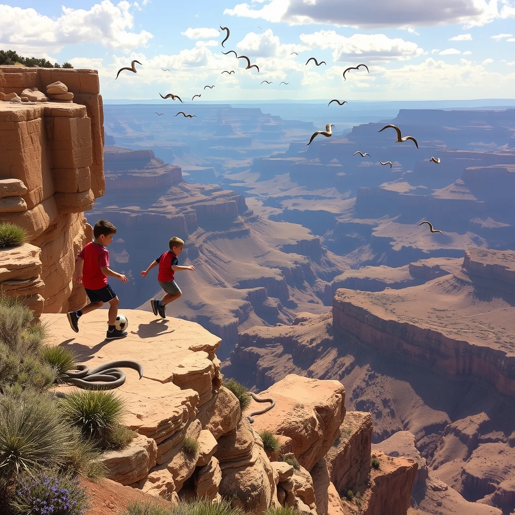 Kids playing soccer on a cliff overlooking the Grand Canyon with hundreds of snakes flying around.