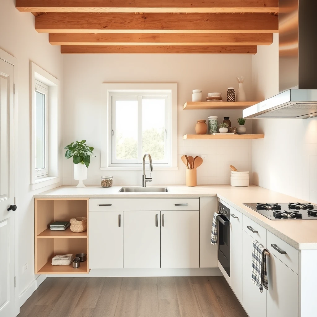 Minimalist and cheerful L-shaped kitchen platform with a sink in the corner, a window on one wall, and a cooktop next to another wall, with space-saving storage ideas in a fresh style and color palette. - Image