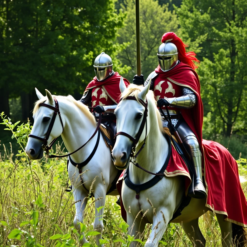 Create an image of two horse-mounted Knights Templar in nature.