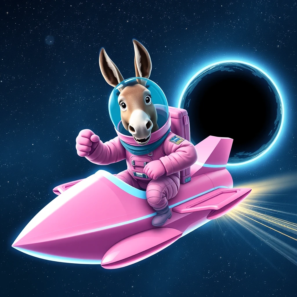 An ambitious donkey wearing pink astronaut costume, riding on a crystal light cyan stunning spaceship, making a punching gesture, flying to the outerspace under a clear night sky with lots of shining stars, passing by a huge black-hole. Realistic style. - Image