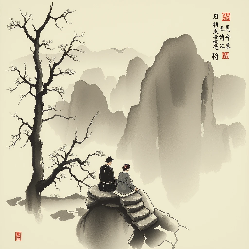 Sitting in Jiangshan, Chinese ink painting - Image