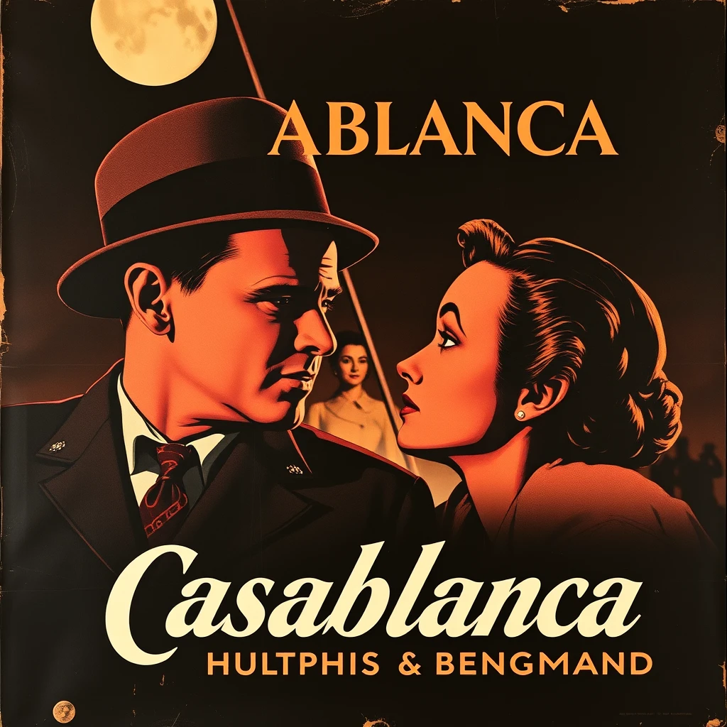 A vintage movie poster for the film Casablanca starring Humphrey Bogart and Ingrid Bergman