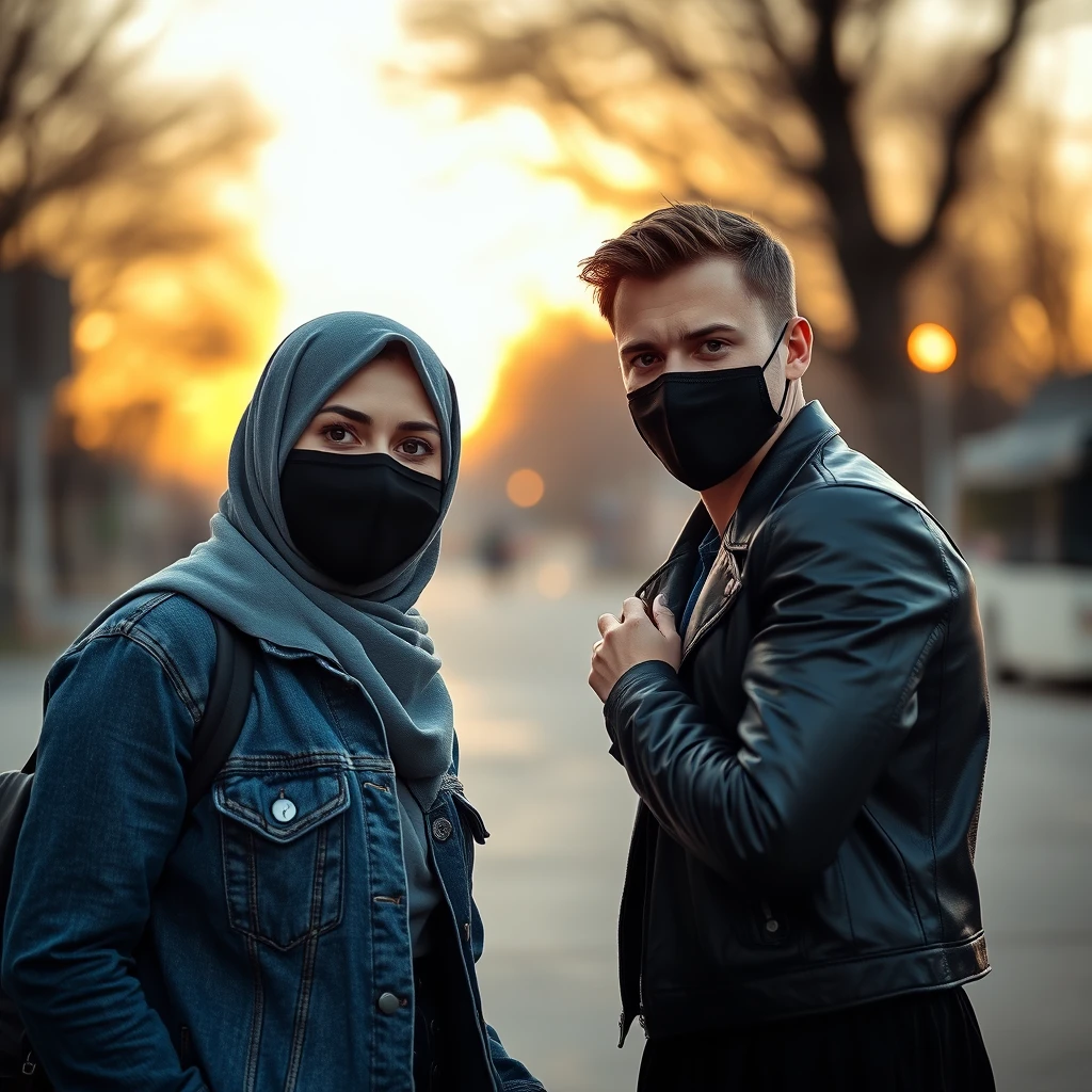 Jamie Dornan's head and body shot, handsome, black face mask, denim jacket, jeans, dating, love couple, with the biggest grey hijab Muslim girl, black face mask, beautiful eyes, black leather jacket, biggest skirt, taking picture, DSLR Canon camera, sunset, hyper realistic, street photography. - Image