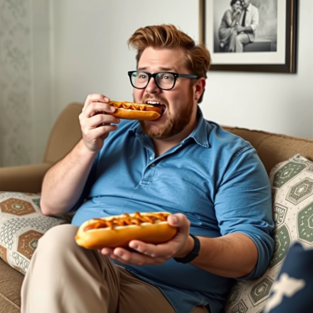 J.D. Vance eating a hotdog while sitting on a couch.