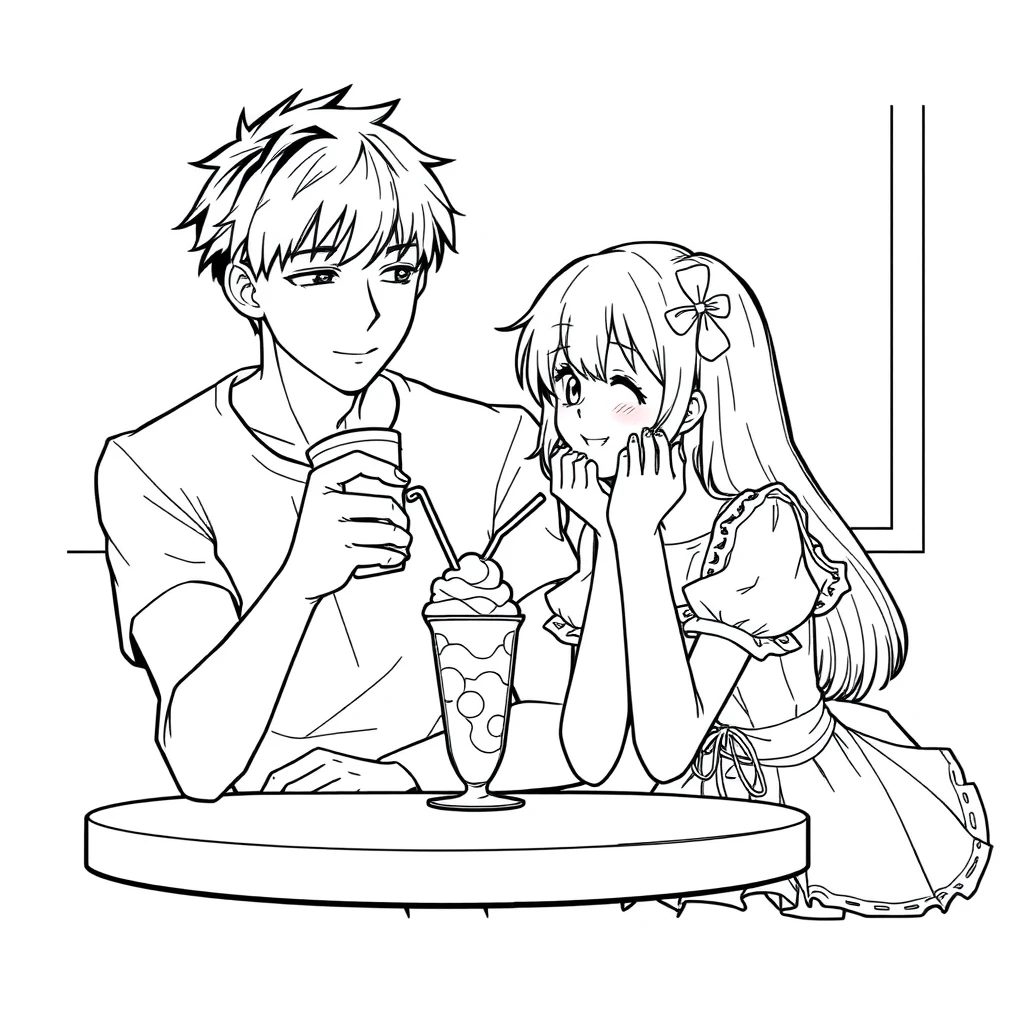 The boy was sitting and gently feeding his girlfriend a cup of ice cream, and the girl, wearing a lovely outfit, looked happy, resting her cheeks in her hands on the table. The boy is tall and handsome. Anime line art. - Image