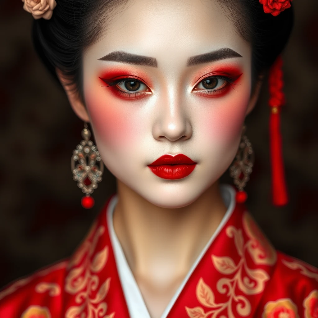 A beautiful oiran with makeup and red eyeshadow, petite. - Image