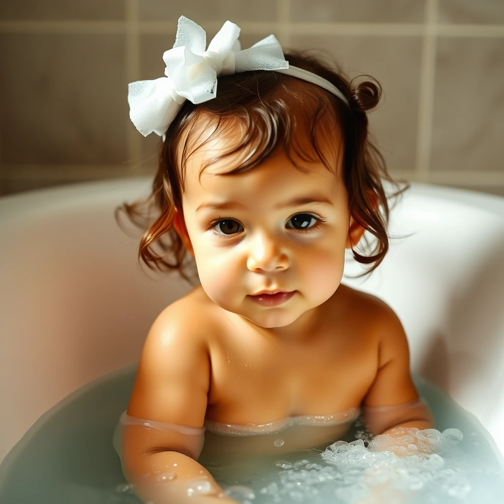 toddler girl taking bath in bathtub with clear water