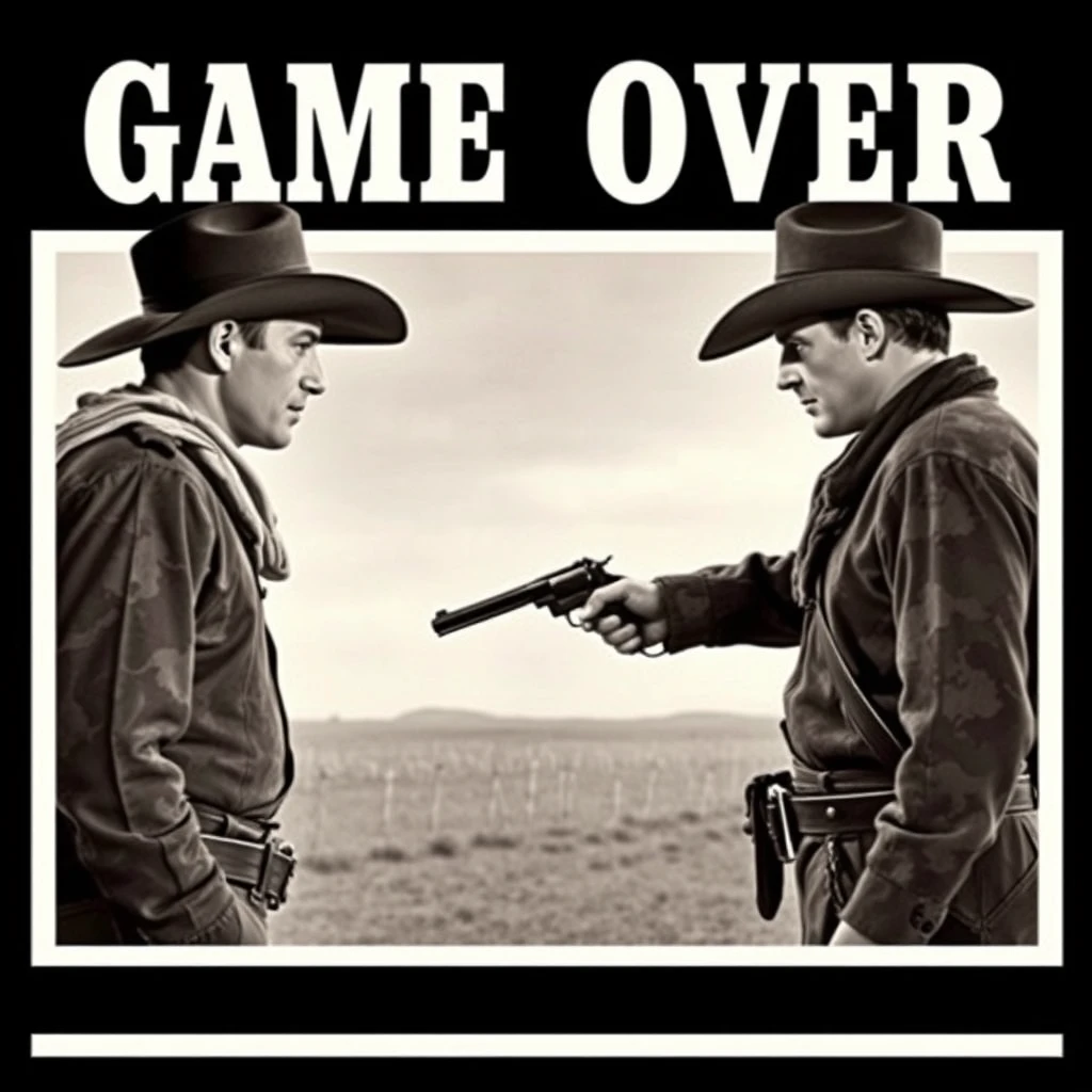 Photo of movie poster titled "Game Over". Probably taken in the 1920s. Two cowboys are facing each other before a duel. Dressed in camo fashion...