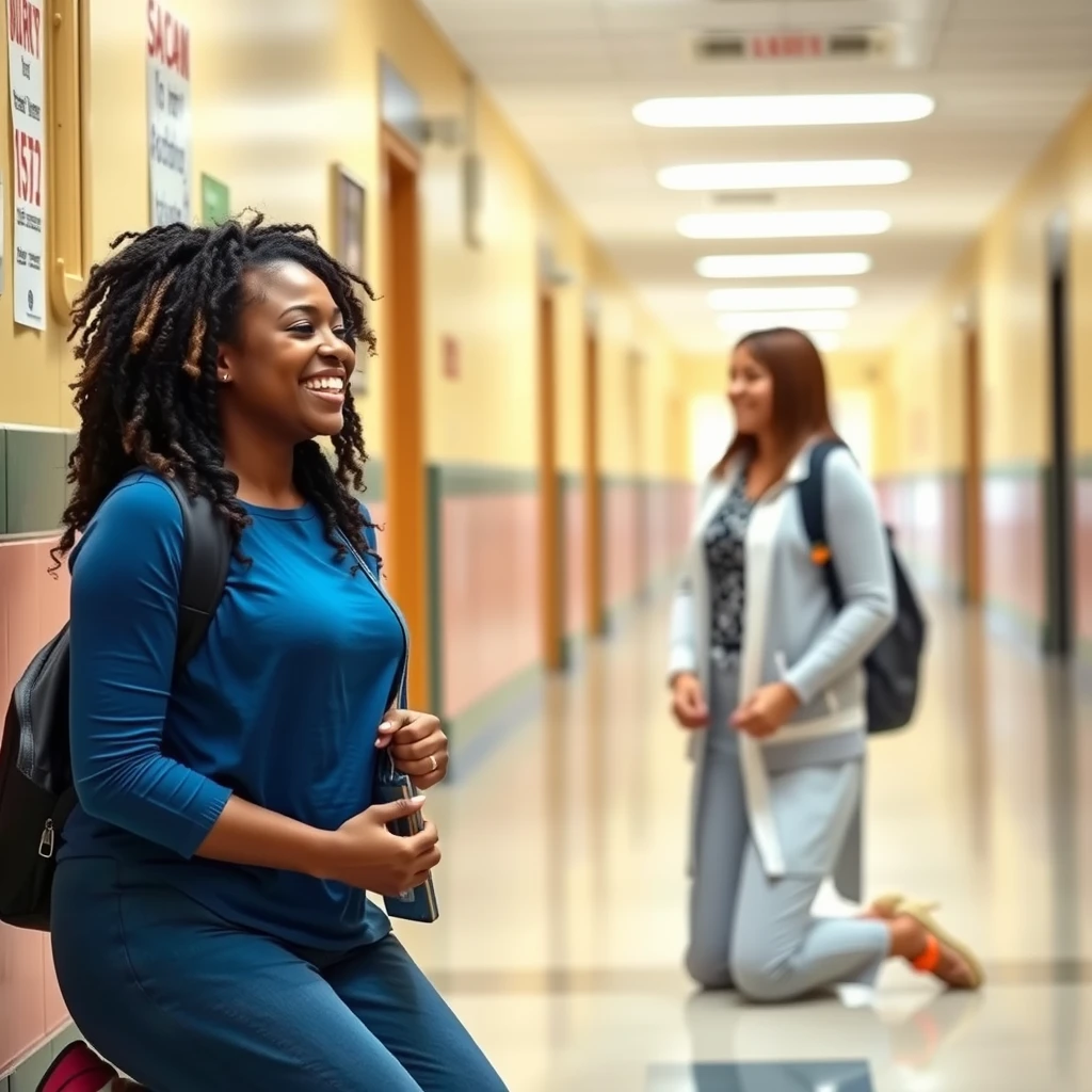 A beautiful African-American female student standing in a school hallway, laughing as a white teacher kneels on the floor before her.