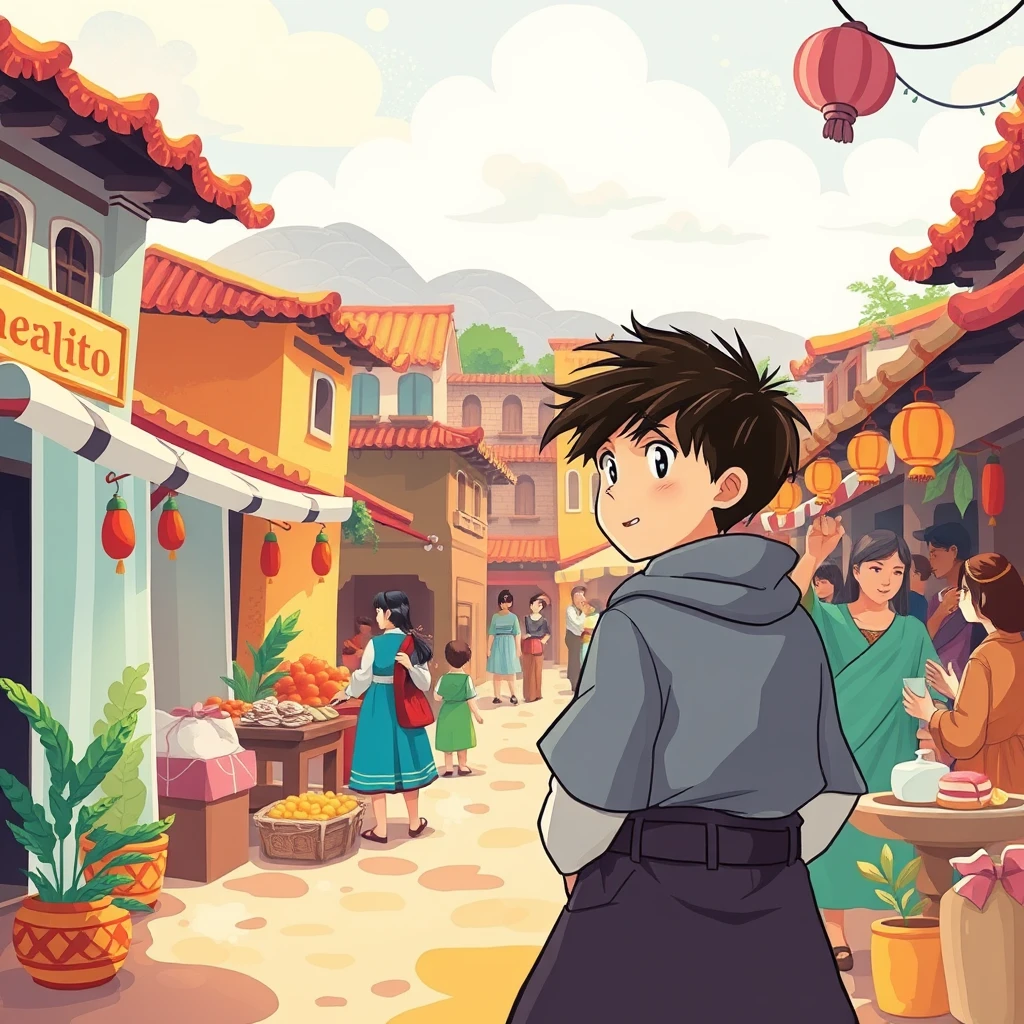   “Create a vibrant and playful illustration featuring a lively ancient marketplace with a whimsical, child-friendly style. 
  Use bold, bright colors and soft, rounded shapes to evoke a sense of wonder and excitement. 
  The atmosphere should be colorful and engaging, with abstract representations of stalls and buildings. 
  For another scene, illustrate a calm riverside with gentle, flowing lines and soft, soothing colors.
  Add a touch of fantasy with imaginative elements to make the environment inviting for children. 
  Consider a festive scene with bright, cheerful decorations and a fun, animated vibe. 
  Ensure the illustrations are highly detailed, with a high level of artistry, and are appealing and engaging for a young audience.”

a boy sneaking into a band, every day with other people receiving food from king, anime style, ((masterpiece))