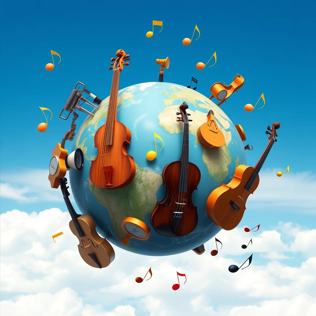 "Earth globe with music instruments and notes flying around." - Image