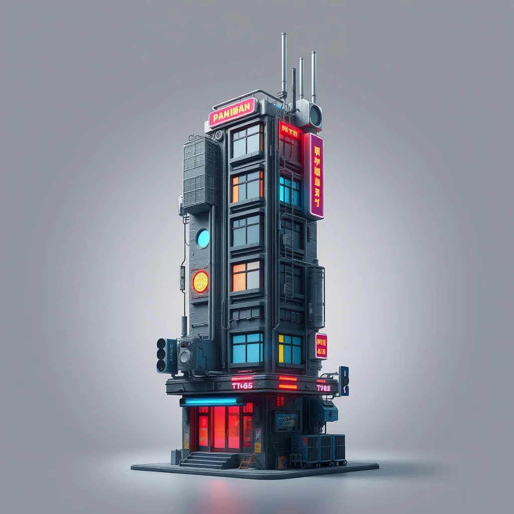  anime building , 3d, cyberpunk, blank background