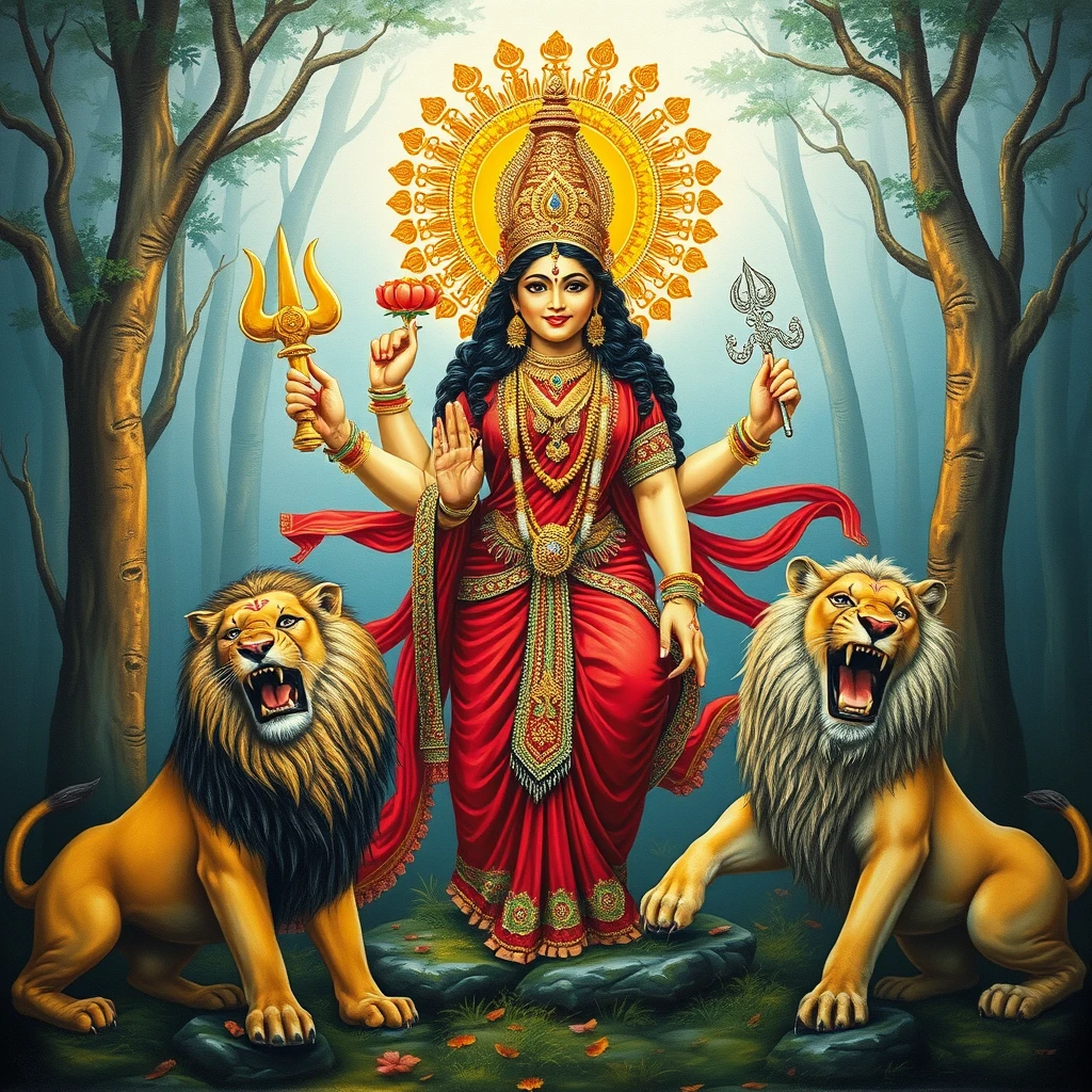 Goddess Kamakshi with red clothing and lions in a forest setting. - Image