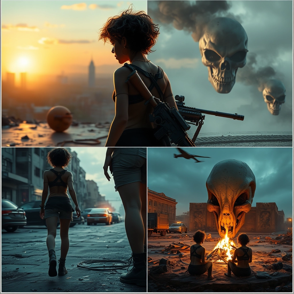 Photorealistic image divided into four panels, from left to right:
First panel: a young, beautiful woman with short, curly hair, dressed in cyberpunk clothes, dancing, with a destroyed city in the background at sunset, a destroyed and smoking tank on the right side of the image, and a human skull on the ground.
Second panel: the same girl seen from behind, a futuristic rifle on her shoulder, walking towards the same destroyed city.
Third panel: the same girl seen from afar, from the front, entering a destroyed city square, with destroyed cars and in the center, the gigantic skull of an alien.
Fourth panel: the same girl sitting in the center of the same square, close to the same alien skull, around a fire at night, with the same rifle.