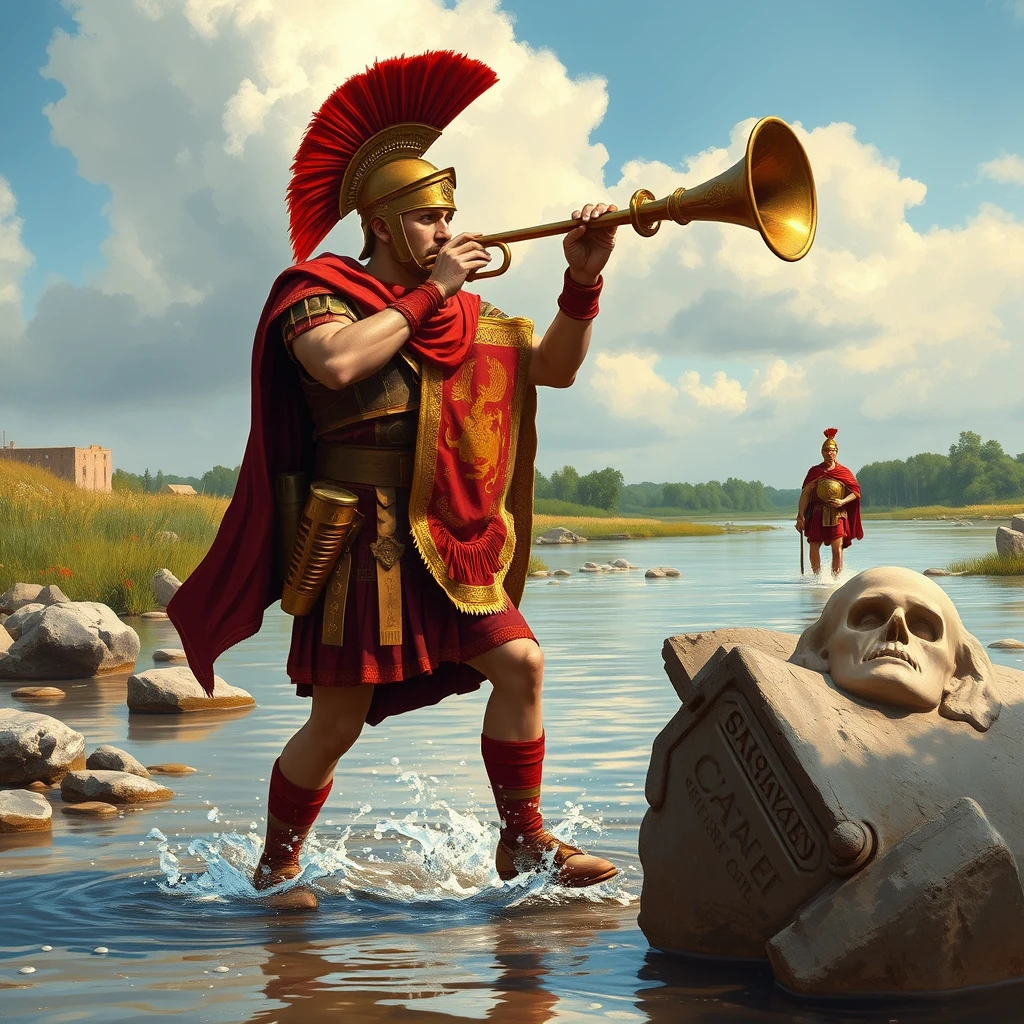 "Roman legionary with war trumpet crosses a river, Caesar watches from the near bank."