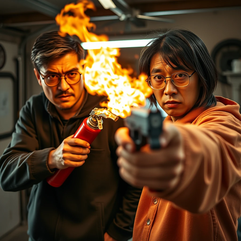 I want a 2-person set; they are two men, both 20 years old, and they look really angry with a murderous intent, set in a garage. The first man is an Italian white man with black short hair and round prescription glasses; in the scene, he's holding a very large fire extinguisher that shoots fire like a flamethrower. The second man is a Chinese man with a thin long face, mid to long hair with a fringe, and square prescription glasses; he's holding a pistol aimed at the screen.