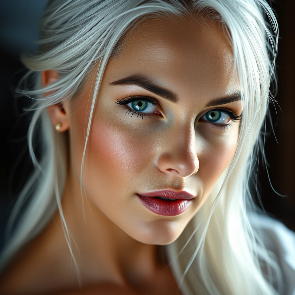 A hyper-realistic image of a very beautiful woman with white hair.