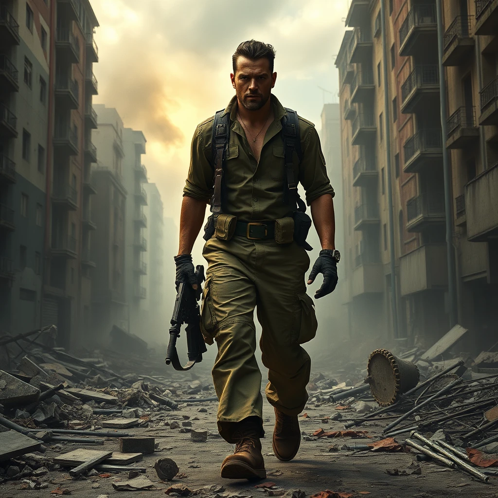 A lone, imposing figure with a strong jawline and determined expression, clad in worn, earth-toned fatigues, walks resolutely through the ravaged cityscape, their head held high amidst the chaos, their face illuminated by a faint, golden light filtering through the thick, gray smoke that billows around them, debris and rubble strewn about their feet, broken concrete and twisted metal wreckage littering the desolate streets, the once-vibrant buildings now reduced to hollow shells, their peeling facades a testament to the devastating conflict, the entire scene shrouded in a muted, desaturated color palette, with hints of ash and smoke that seem to suffocate the city, the atmosphere heavy with the weight of destruction and despair.