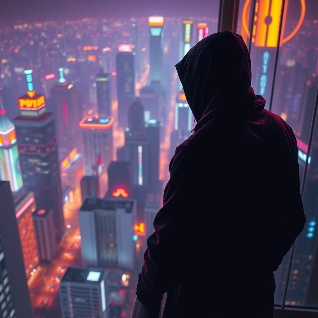 A mysterious guy wearing a black ninja-like suit in a neon city, from a high building looking at a city full of colorful lights. - Image