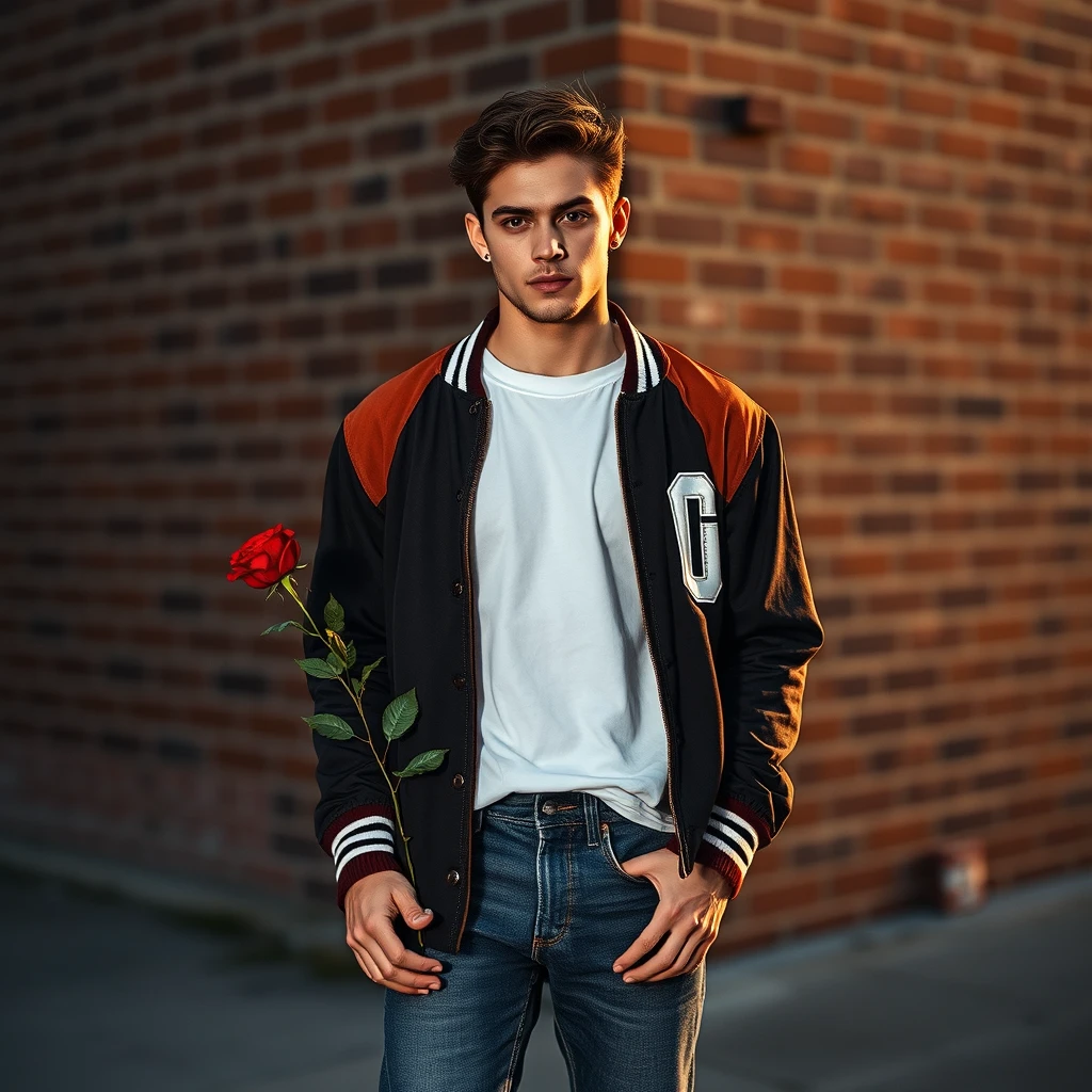 Freddie Prinze head and body shot, handsome, young, serious face, white T-shirt, college jacket, jeans, sneakers, holding a red rose, hyper-realistic, street photography, brick wall, full-body photography, sunrise.